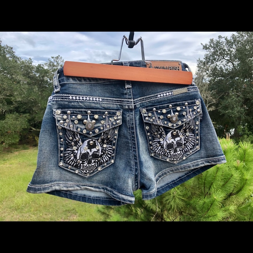 Platinum Plush shorts, Skull Detail on back pocket embellished in Rhinestones